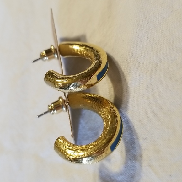 Vintage Teal & Gold Half Hoop Earrings - Picture 8 of 9